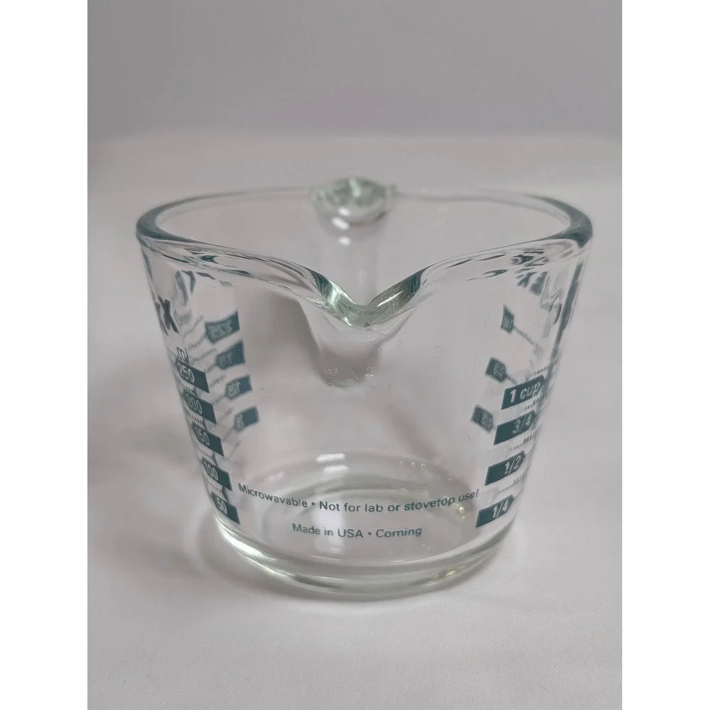 VTG Pyrex 1 Cup 8oz 250ml Glass Measuring Cup Green/Blue Lettering USA Corning
